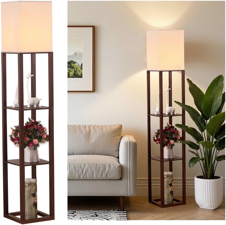 Floor Lamp with Shelves,Floor Light for Living Room,Bedroom,Wood,Brown.