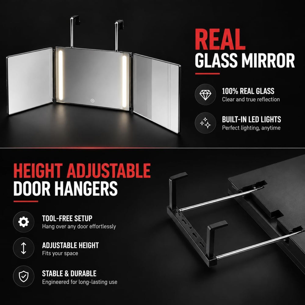 Self-Cut System 3 Way Mirror with LED Lights 14” L x 1” W - Black