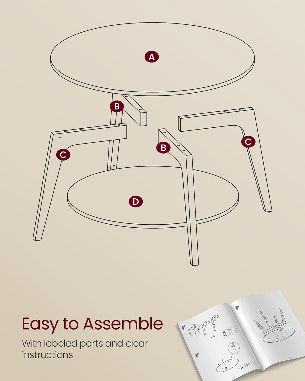VASAGLE Round Coffee Table, 2-Tier Center Table with Storage, Tapered Legs