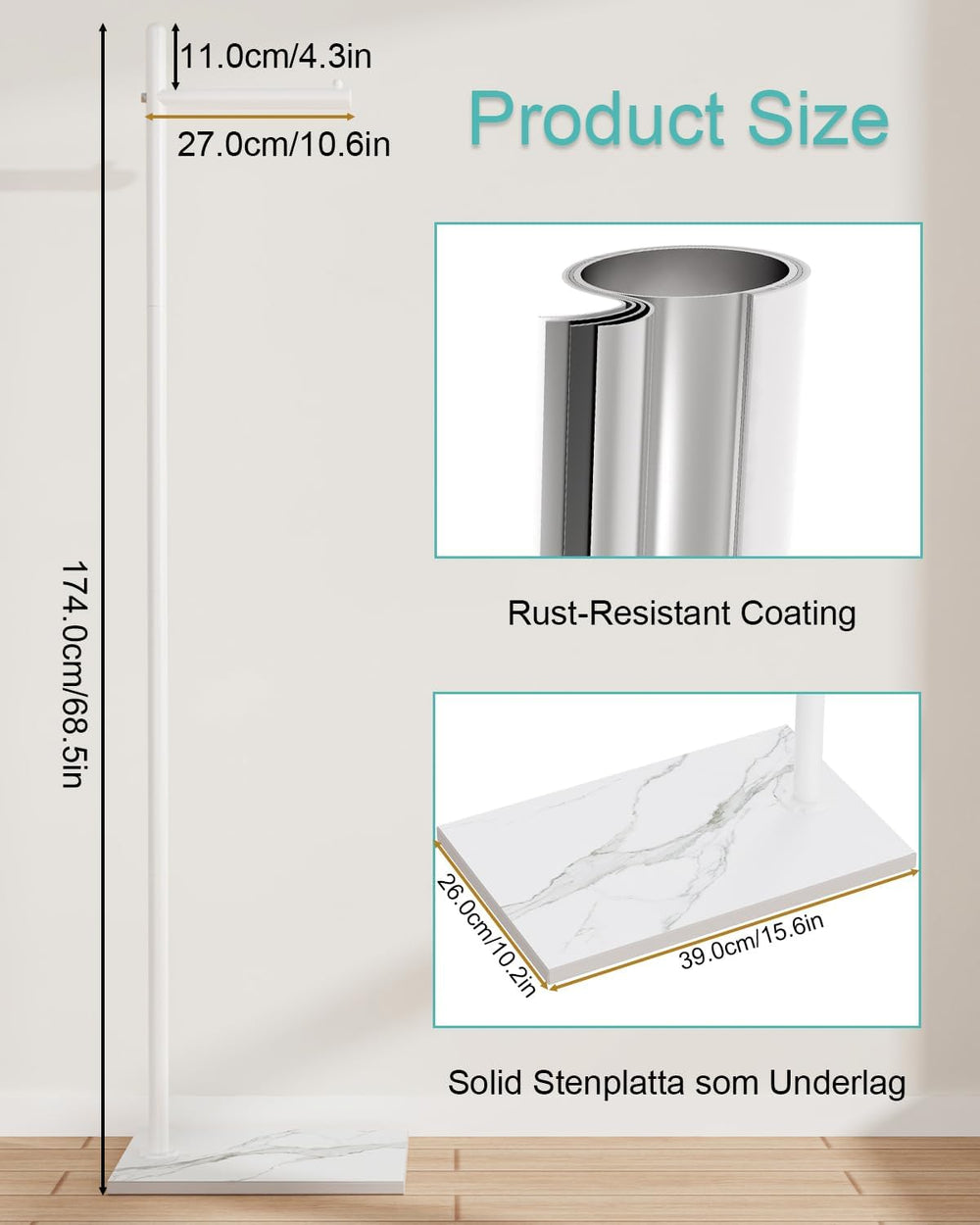 Yawinhe Metal Coat Stand with Square Base,68.5 Inches High,White,1-Pack