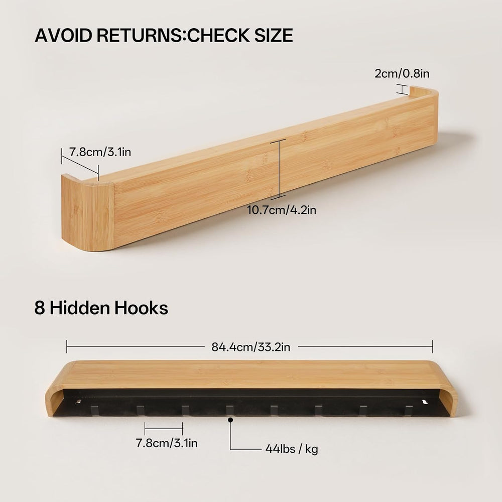 33" Bamboo Coat Rack Wall Mount, 8 Hidden Hooks, Family, Natural