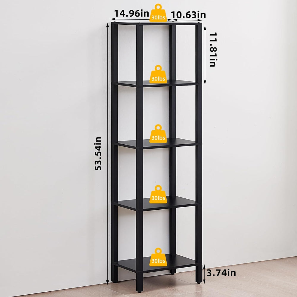 YUFAM 5 Tier Tall Narrow Bookshelf, Skinny Bookcase, Wooden Shelf, Black