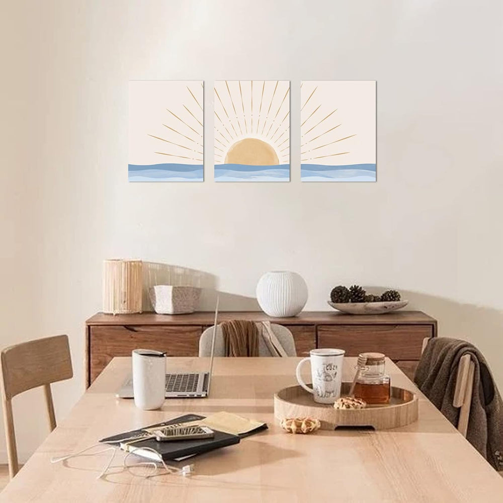 Boho Wall Art Set of 3, Neutral Geometric Sun Rising on the Sea Minimalist Ar...