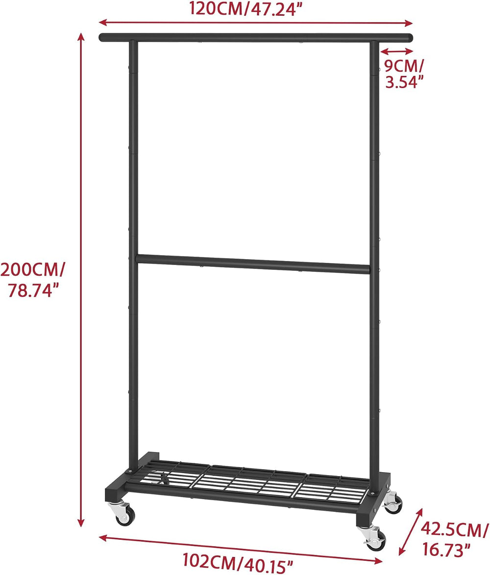 Sywhitta Double Rod Metal Clothing Rack on Wheels with Bottom Mesh,Black