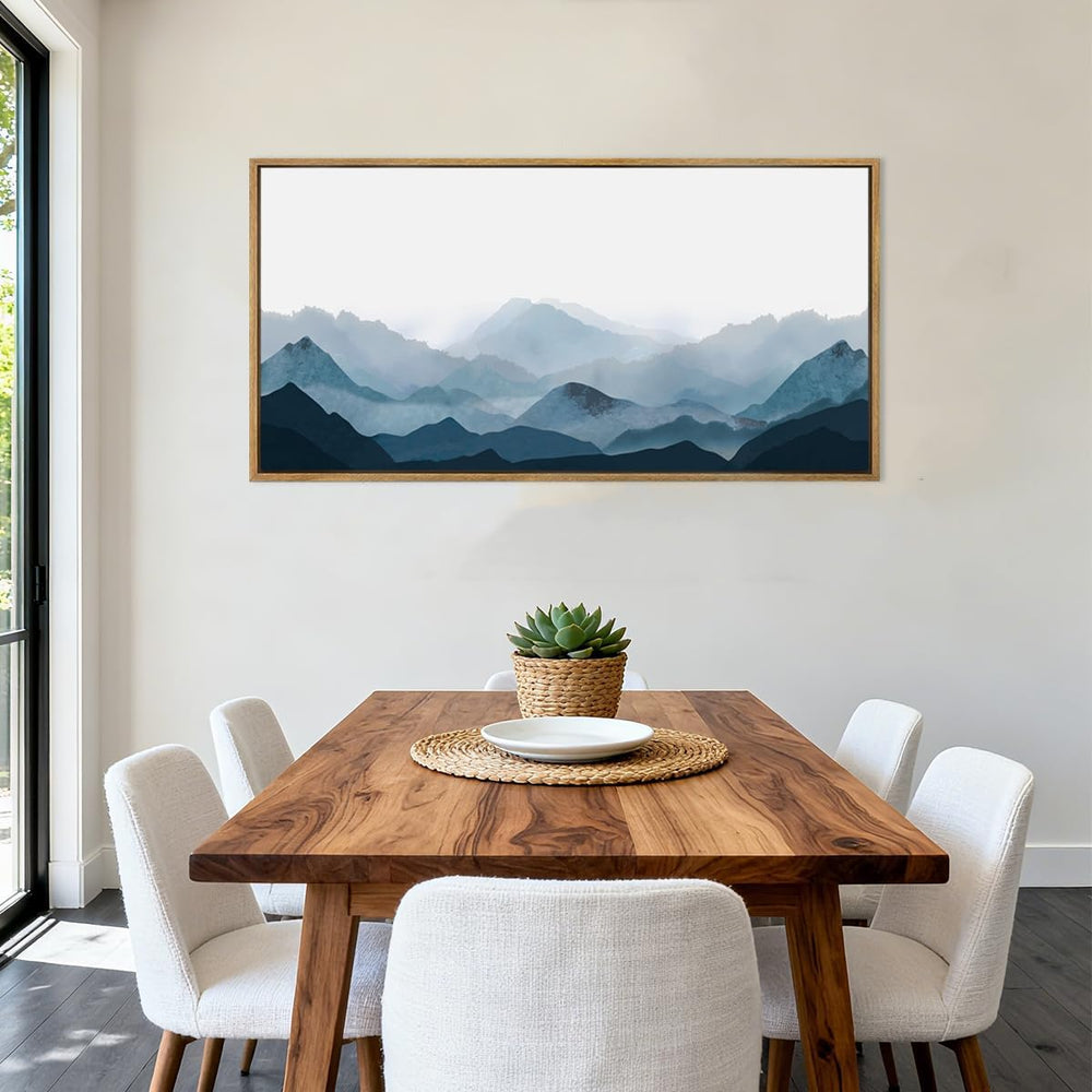Blue Framed Mountain Landscape Wall Art Fog Mountain Painting Wall Decor for ...