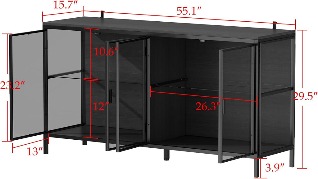 Homsee Storage Cabinet with 3-Color LED Lights, Glass Shelves & 4 Compartments, Sideboard Buffet with Solid Metal Legs, Modern Display Cabinet for Living Room Dining Room, Black