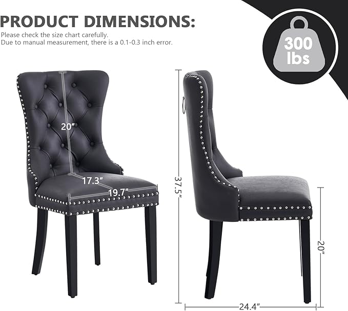 Kiztir Leather Dining Chairs Set of 4, Upholstered Dining Chair with Nailhead Trim and Solid Wood Legs, Luxury Wingback Dining Side Chair for Living Room, Bedroom, Kitchen (Black)