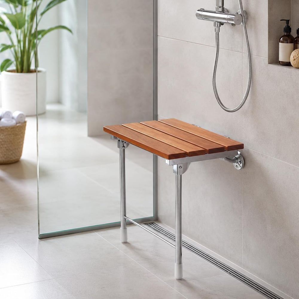 Foldable 21.5" Teak Wood Shower Seat Bench with Supporting Legs, 400lb C...