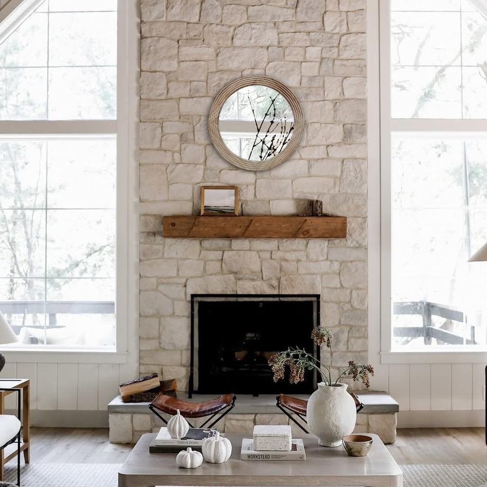 LOSOUR Round Mirror, Farmhouse Decor Solid Wood Frame Wall Circle Mirror, Dec...