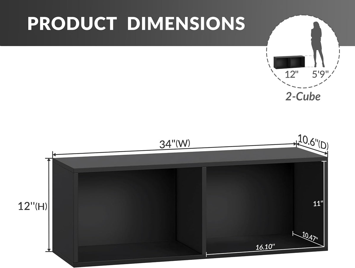 IOTXY DIY Modular Cube Bookcase - CubeXY Customizable Stackable Expandable Basic Shelving Units, 2-Cube Wooden Open Bookshelf for Miscellaneous Storage Organizer, Black