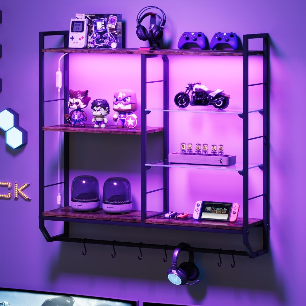 EYCOAL Gaming Floating Shelves, Wall Mounted Wooden Decor Display Shelf with ...