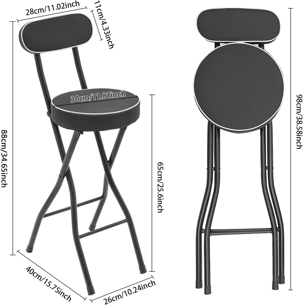 2PCS Folding Bar Stool with Back, 25.6in Round Leather Padded Portable Foldable Chair w/Cushioned Padded for Gardening Outdoor Indoor Kitchen Camping Shop Cafe, 275.58lbs Load Capacity (Black)