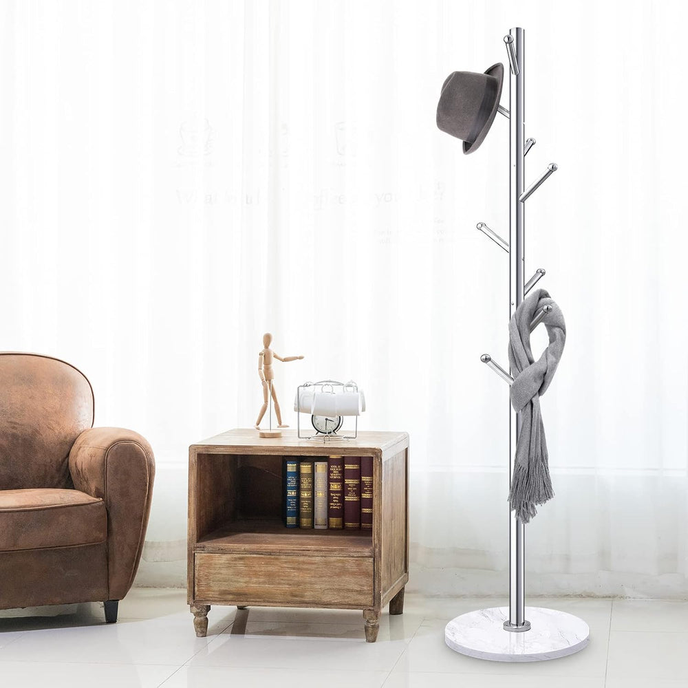 Homde Metal Coat Rack Stand: Natural Marble Base with 8 Hooks (Silver)