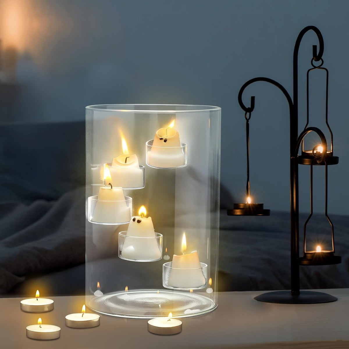 Reallnaive Halloween Glass Hurricane Candle Holder with Candles and Tea Light Clear Cylinder Pillar Candle Holder for Halloween Table Centerpiece Decorations (13 Candles,Single Style) (13 Pcs)