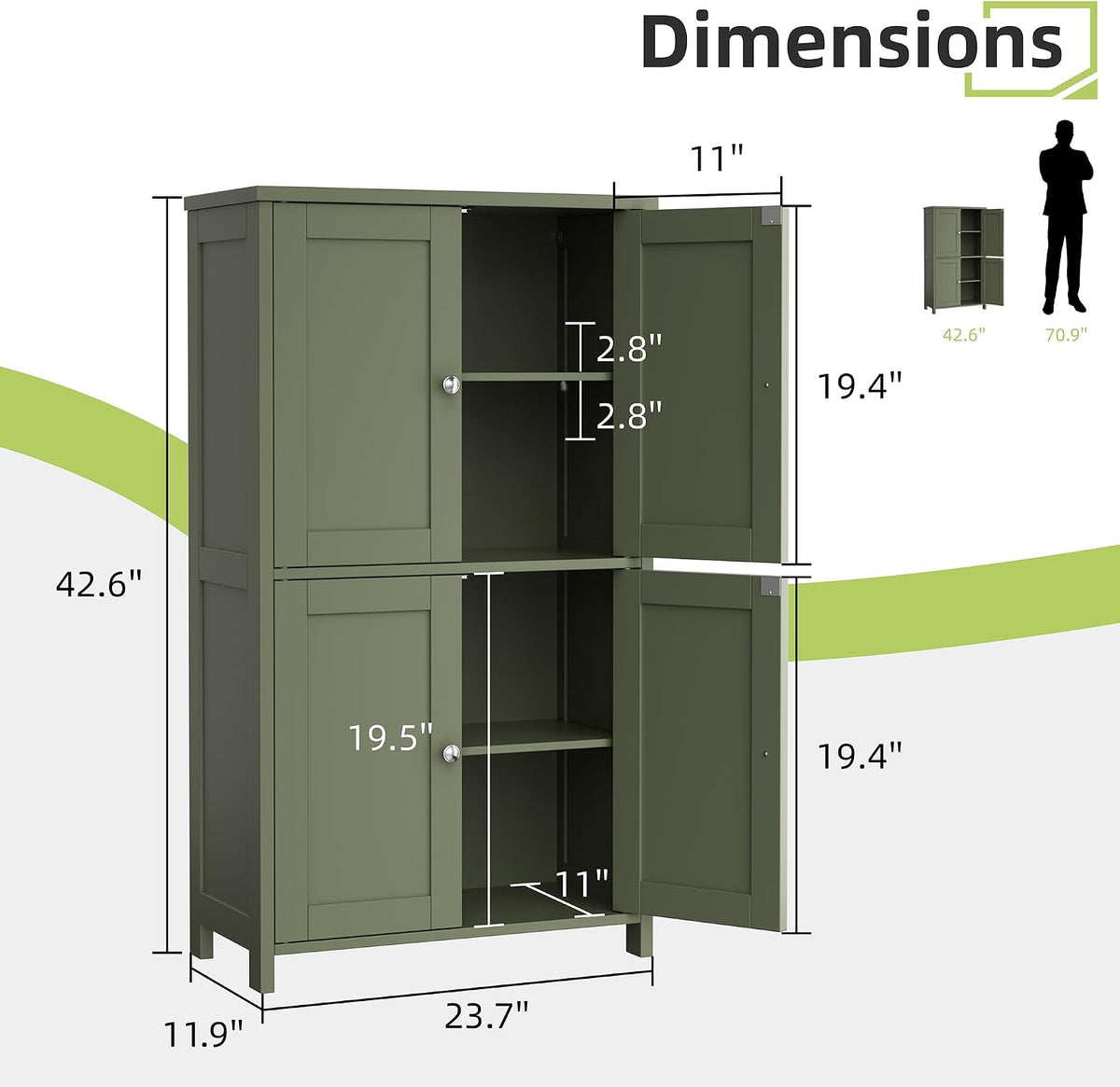 Vongrasig 43" Bathroom Storage Cabinet, Floor Cabinet with Doors, Green