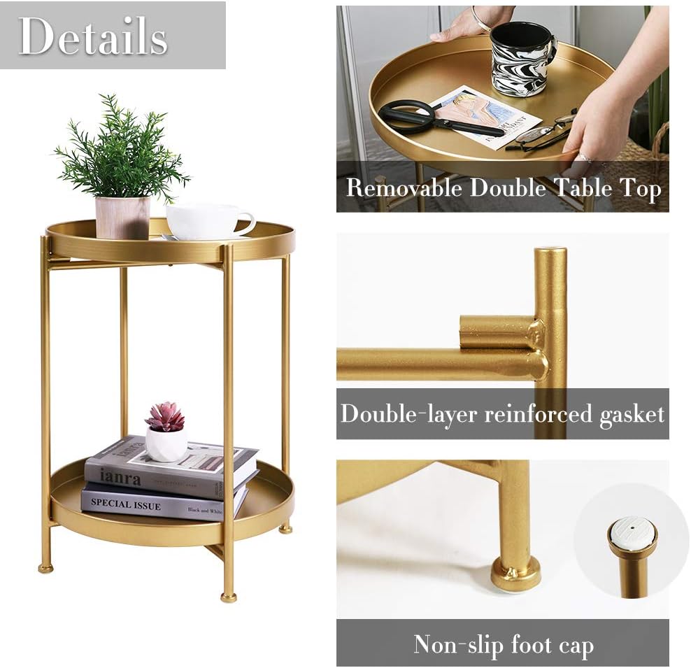 Tiita Gold Round End Tables, 2 Pack, 2-Tier Metal Side Tables, Nightstands