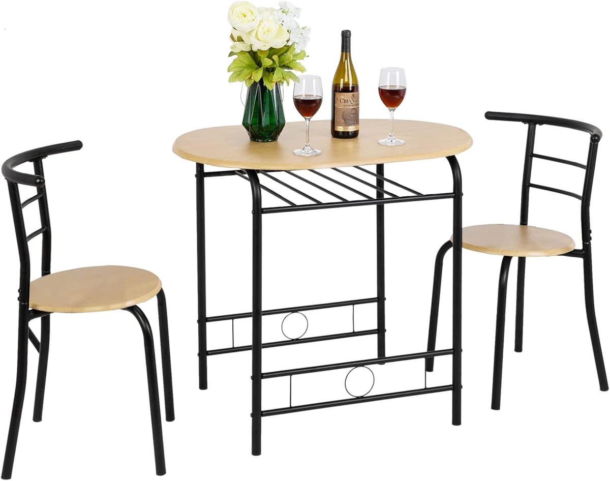 VINGLI 3 Piece Dining Set,Small Kitchen Table Set for 2,Breakfast Table Set for 2,Kitchen Wooden Table and 2 Chairs for Small Space/Dining Room/Apartment,Metal Frame,Wine Rack,Black&Natural