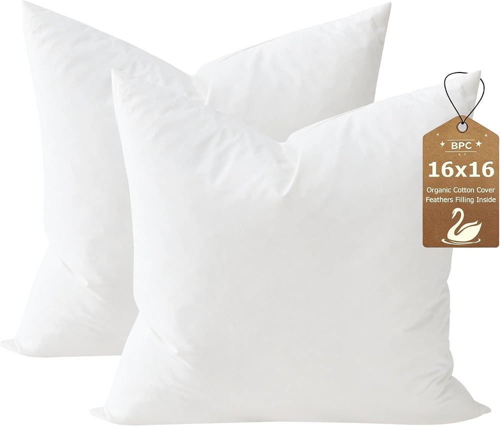 BPC 16x16 Down Feather Throw Pillow Inserts Set of 2, 100% Organic Cotton Cov...