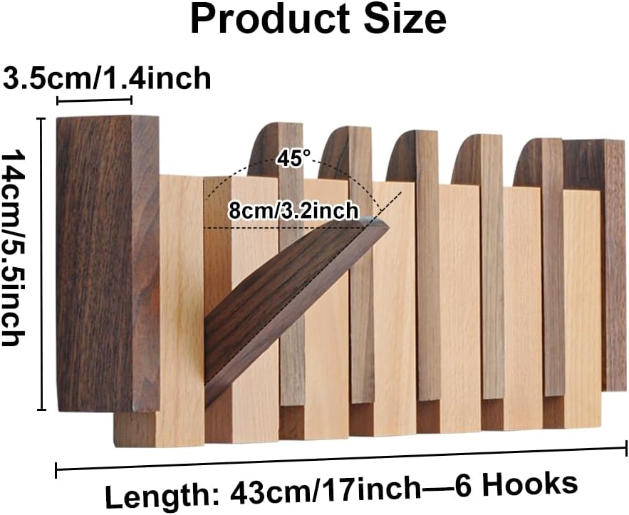 Coat Rack Wall Mount Wood, 6 Flip-Down Magnetic Hooks