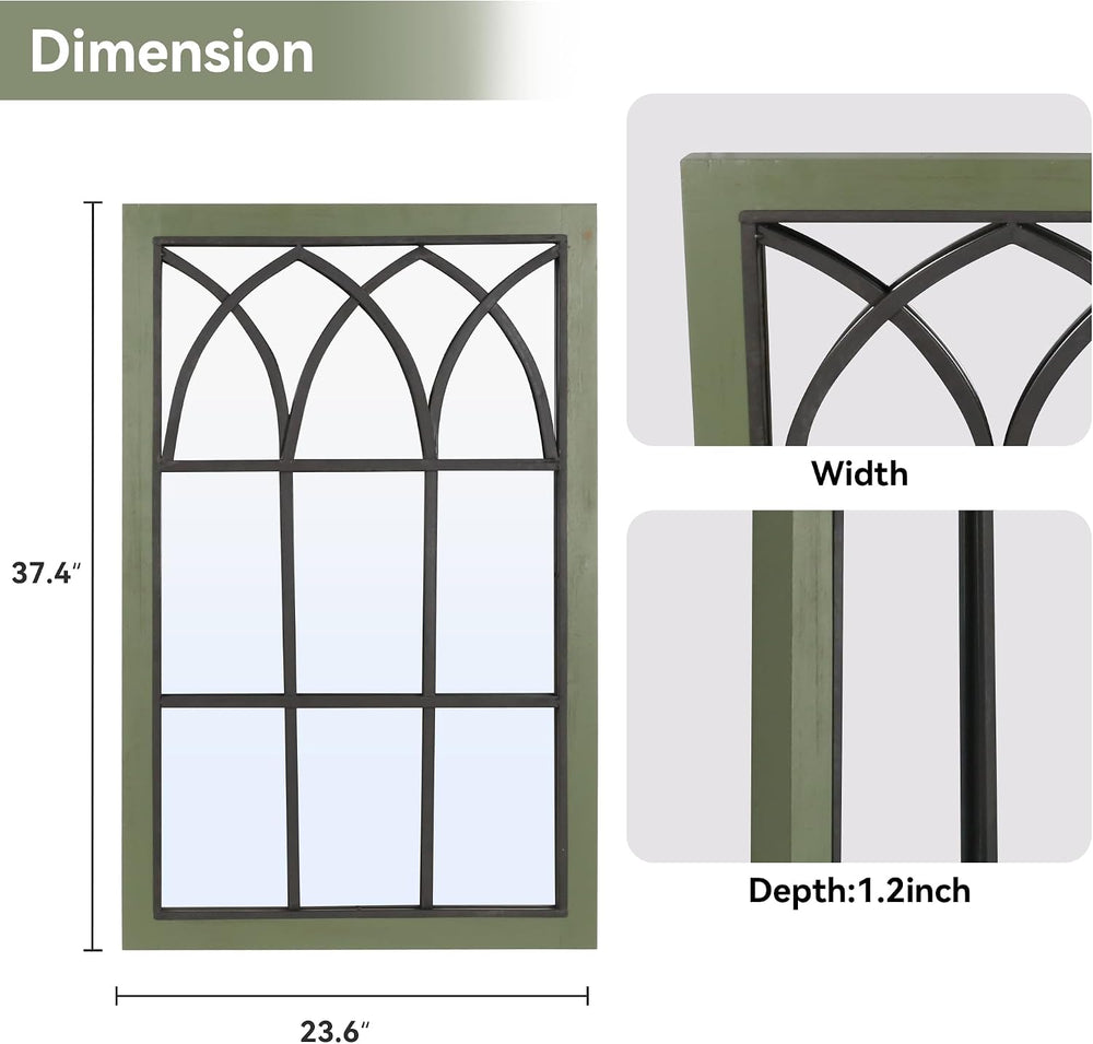 Retro Green Window Mirror for Wall Decor, Wood Frame Decorative Wall Mirror