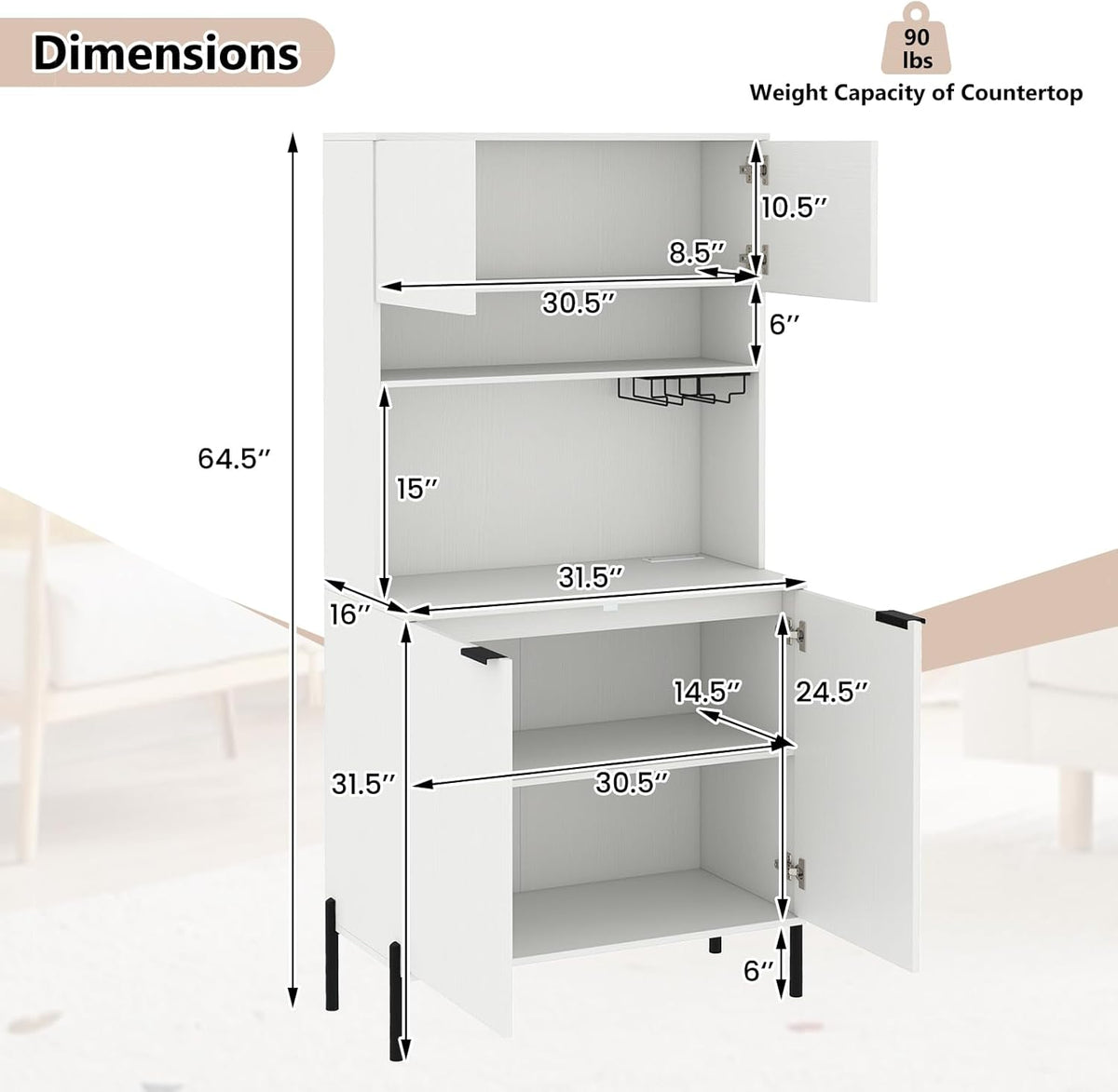 LOKO 64.5” Tall Kitchen Pantry Cabinet, Buffet Sideboard with Charging Station, Modern Wine Bar Cabinet with Wine Glass Rack, Kitchen Hutch Cupboard for Dining Room, Living Room (White)