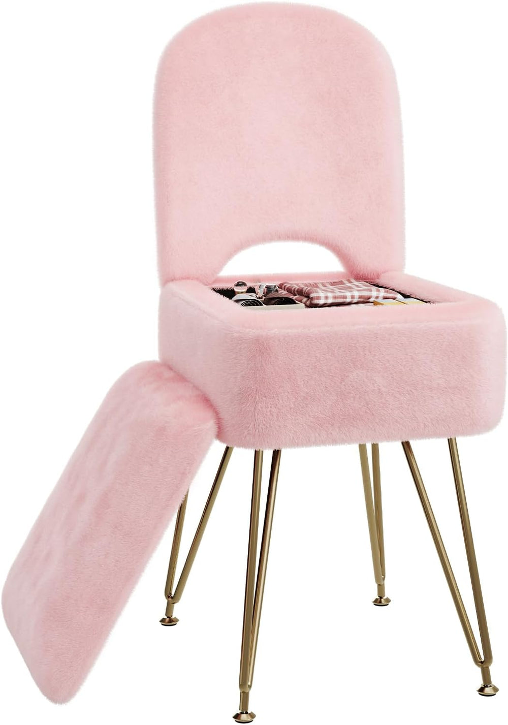 Pink Faux Fur Vanity Chair with Storage and Foldable Backrest