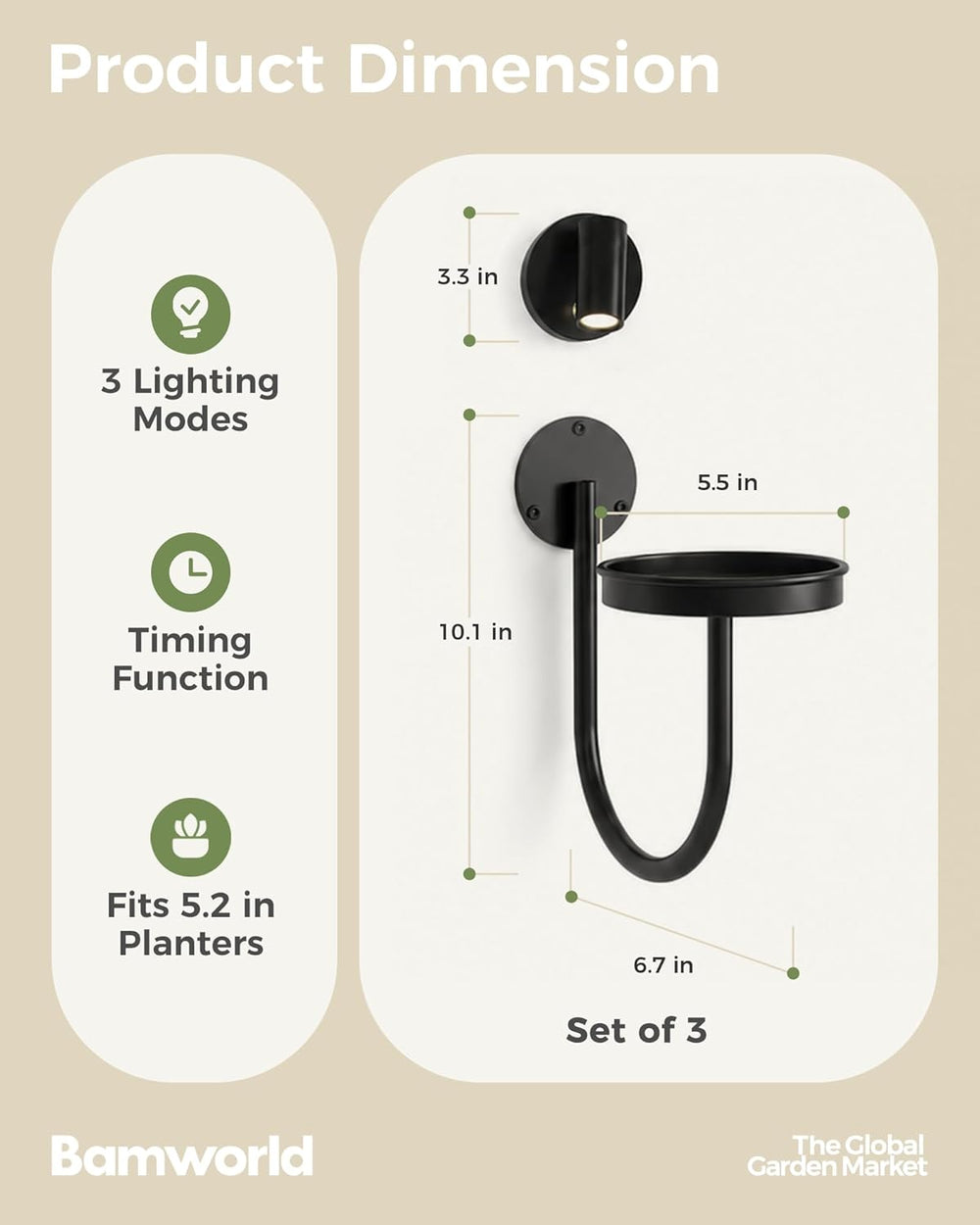 Bamworld Wall Plant Holder with Lights, Black, 3pcs