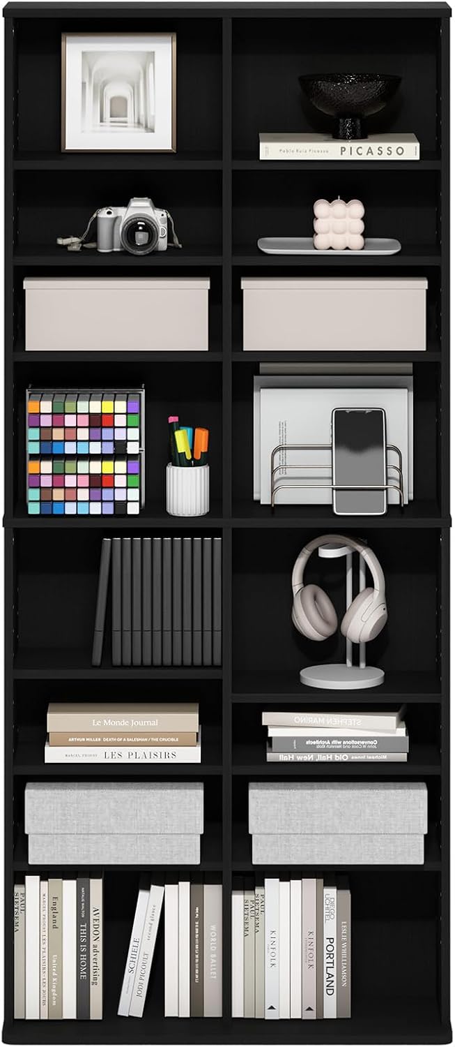 Furinno Jaya DVD Shelf, 16-Shelf Wide CD Rack, Media Shelf with Adjustable Sh...