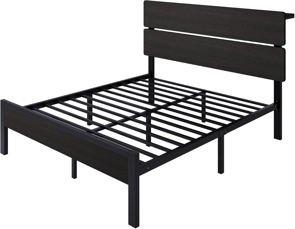 SHA CERLIN Queen Size Bed Frame, Led Light, Charging Station, Storage Shelf