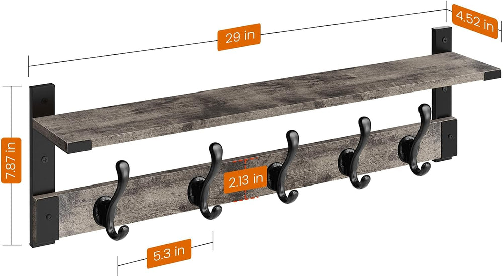 Homode Coat Rack Wall Mount with Shelf, 29 Inch Wall Shelf with Hooks, Grey