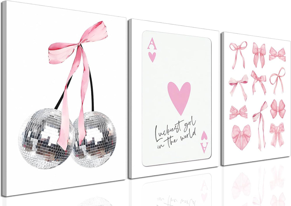 Pink Bows Wall Art Set of 3, Preppy Coquette Wall Decor, Trendy Disco Ball an...