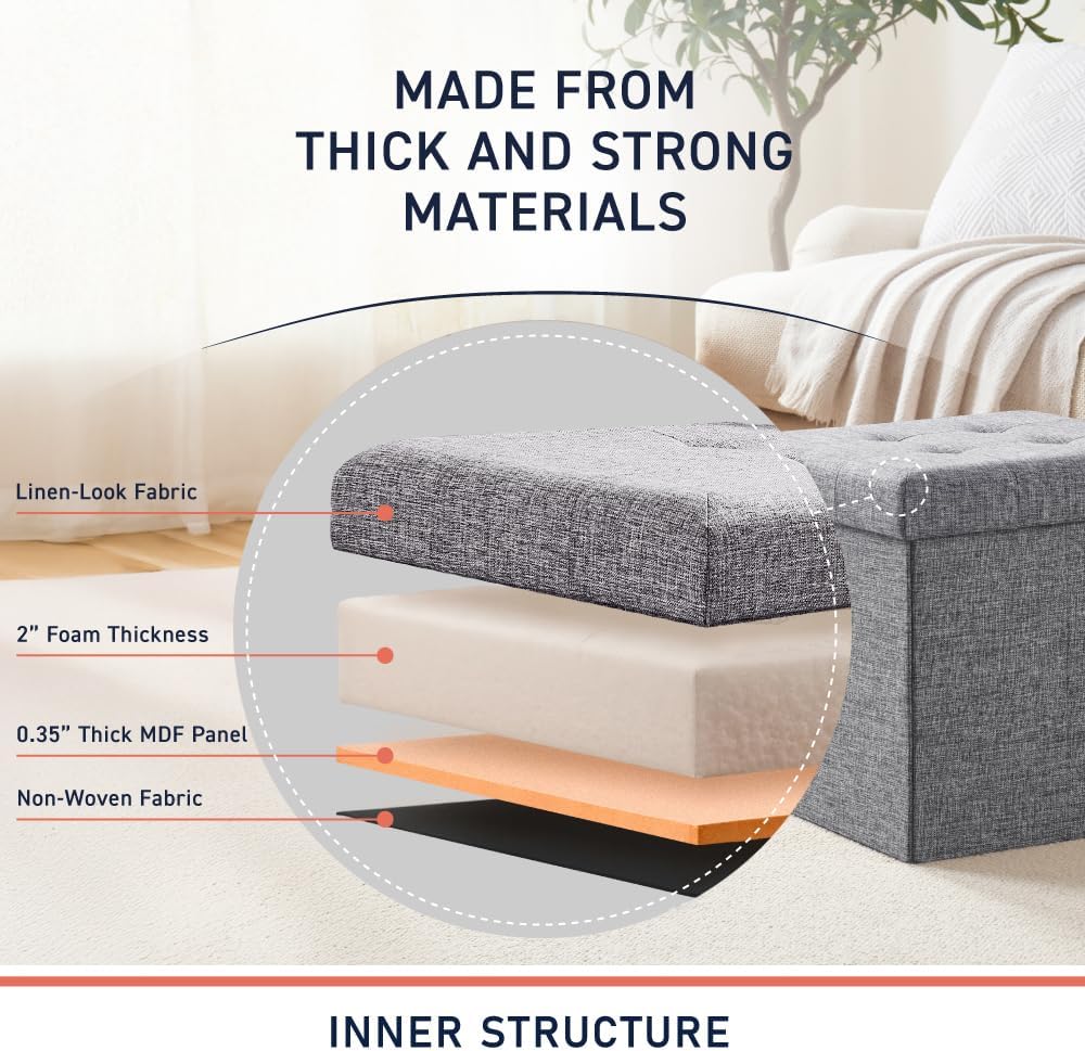 Ornavo Home 2 Pack 15 Inch Folding Storage Ottoman Cube, Linen, Gray