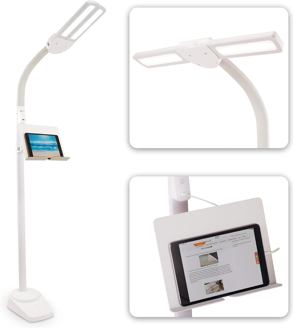 OttLite Dual Shade LED Floor Lamp with Adjustable Stand, White