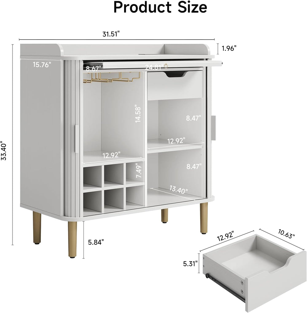 ONBRILL Fluted Bar Cabinet with Storgae, Wine Cabinet, 33" H, White