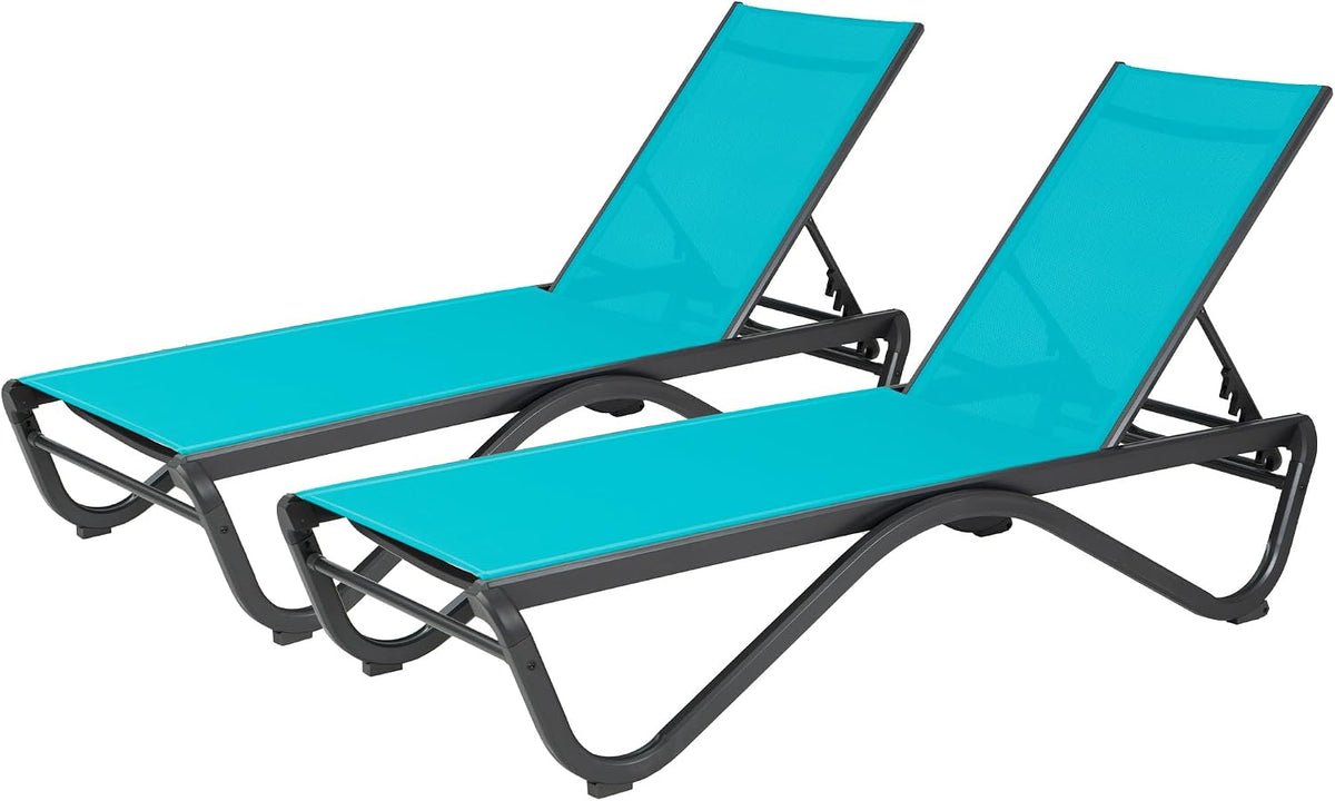 Kozyard Outdoor Chaise Lounge Chair, All Aluminum Frame, Fully Flat Adjustable Reclining Patio Lounger for Pool Sun Shelf, Tanning Ledge, Sunbathing & Backyard, Textilene (Aqua, 2Chairs)