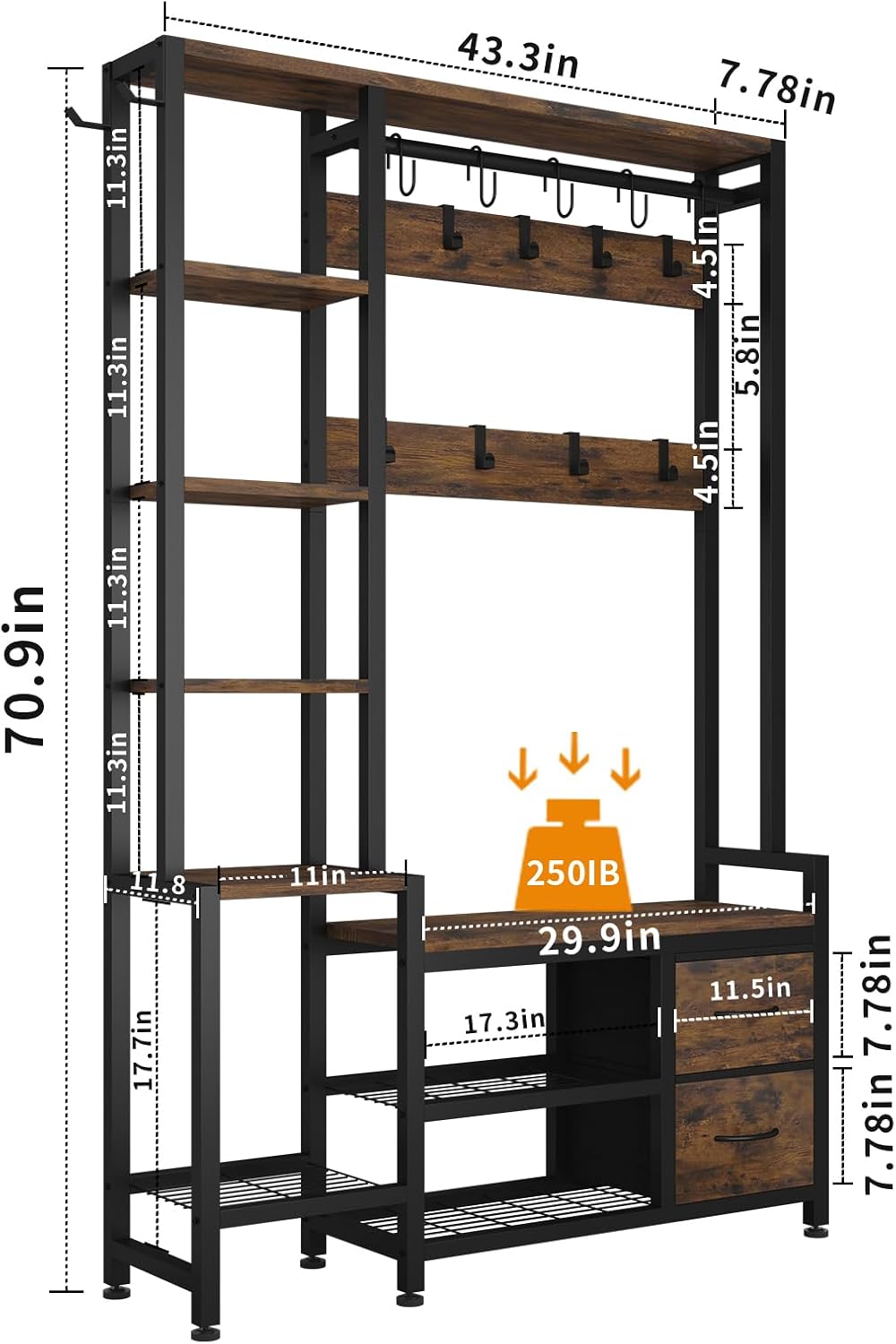 Hall Tree for Entryway 43", Bench with Shoe Storage, Large Coat Rack Sho...
