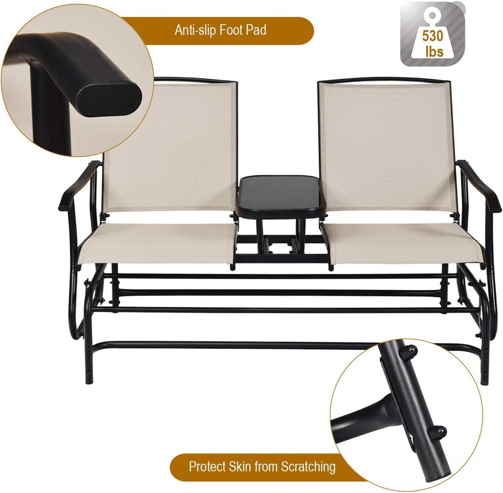 GIANTEX Patio Bench Glider Chair with Metal Frame, Center Tempered Glass Tabl...