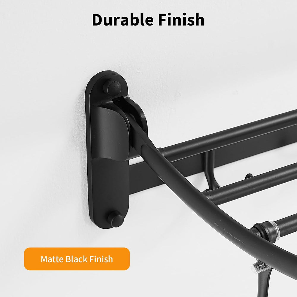 BESy Towel Racks with Foldable Towel Bar Hooks, Wall Mounted Matte Black