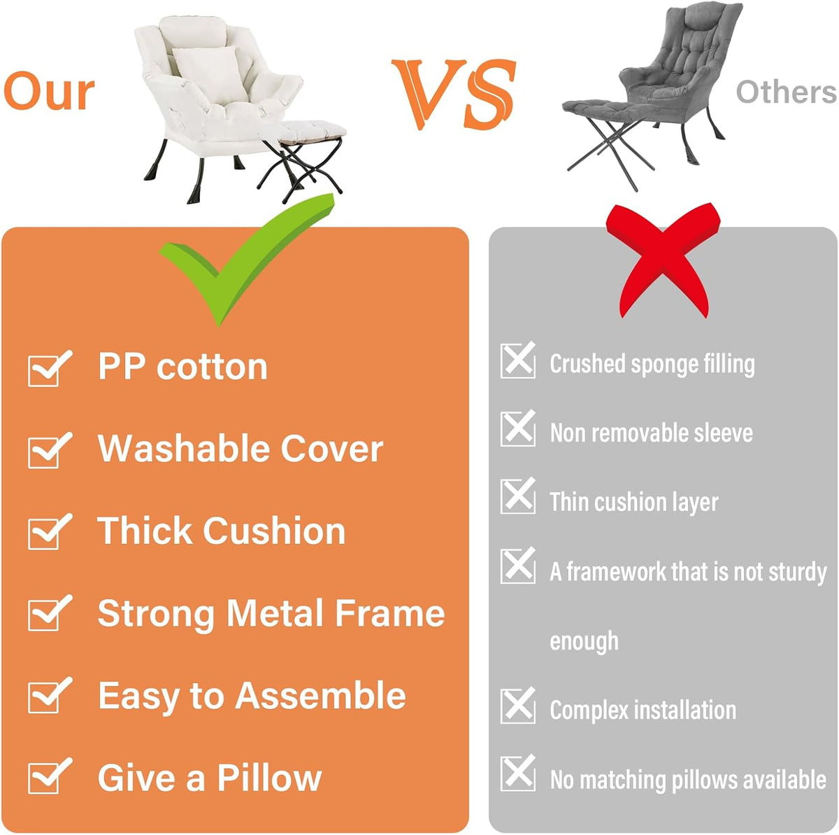Lazy Chair with Ottoman, Comfy Reading Chair for Bedroom