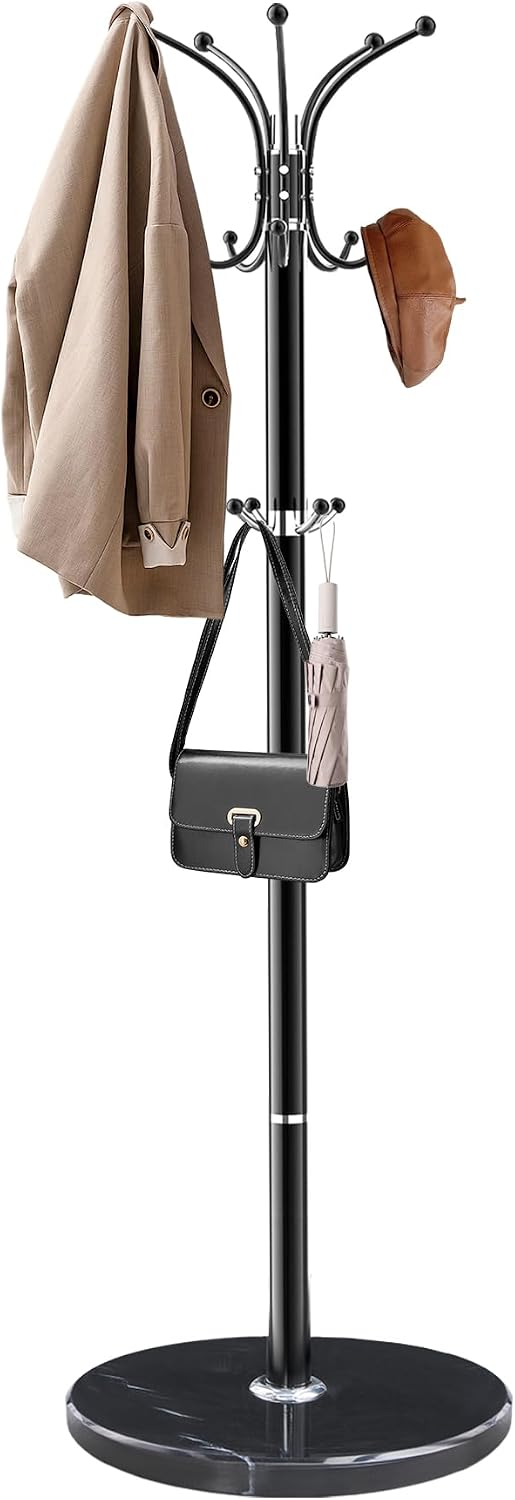 Metal Coat Rack Freestanding with 360°Rotary 14 Hooks Marble Base