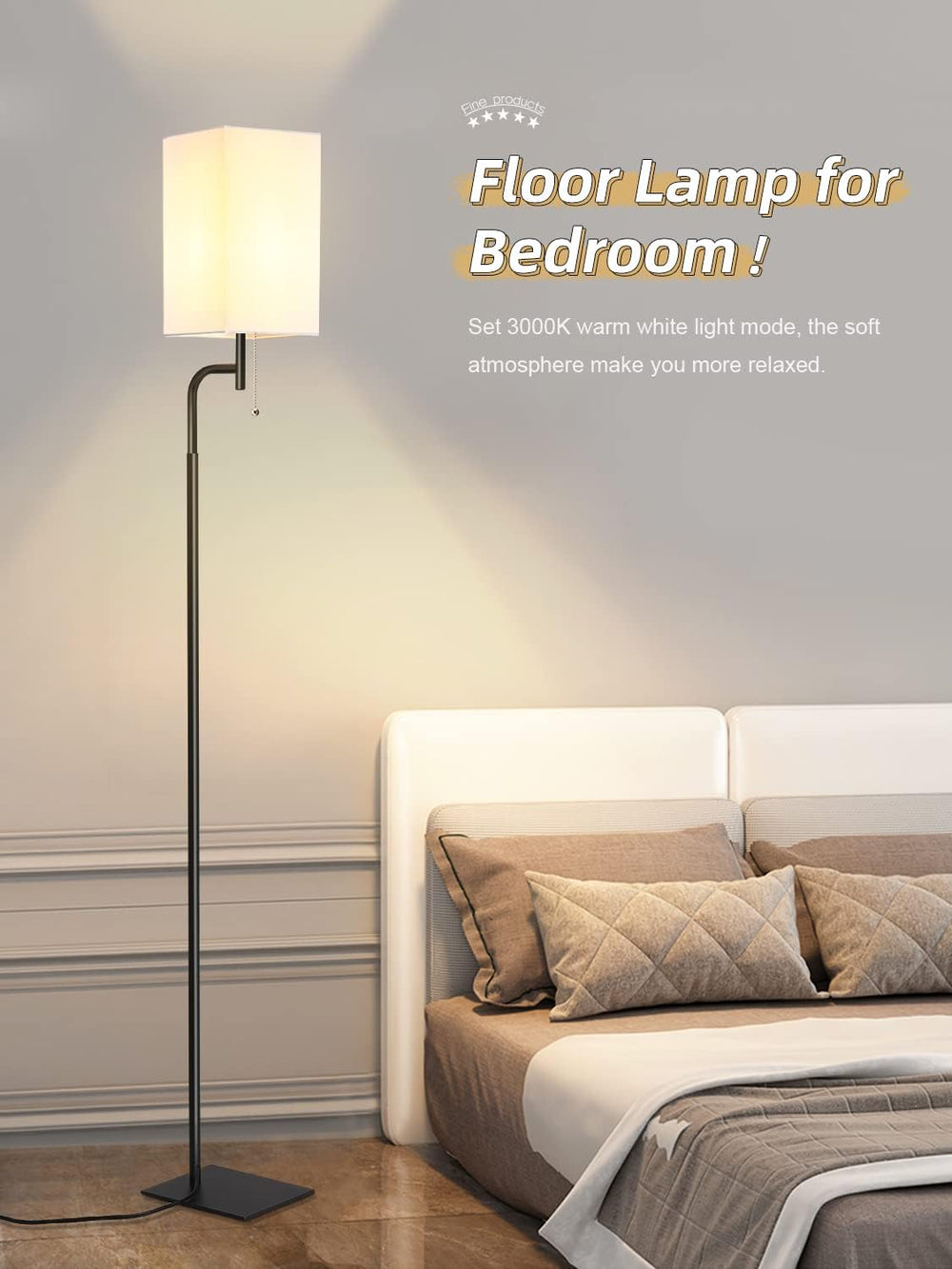 Modern Floor Lamp for Living Room, Linen Shade with Slim Base Design