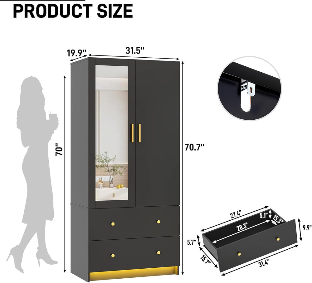 jiteentarou 2 Door Wardrobe Closet with Mirrors and LED Lights, Small Bedroom...