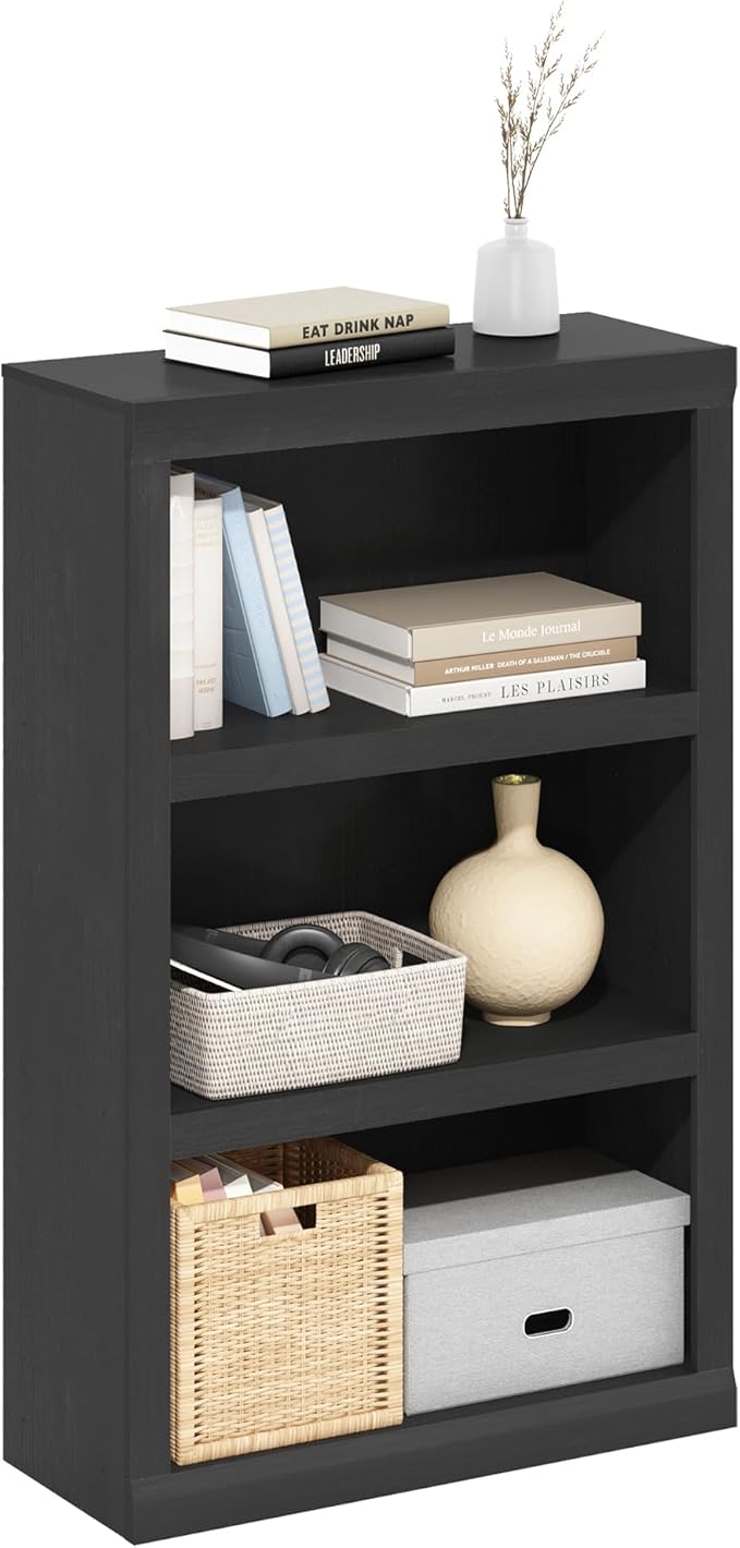 Furinno Rail 3-Tier Open Shelf Bookcase with Classic Style Edges, Blackwood