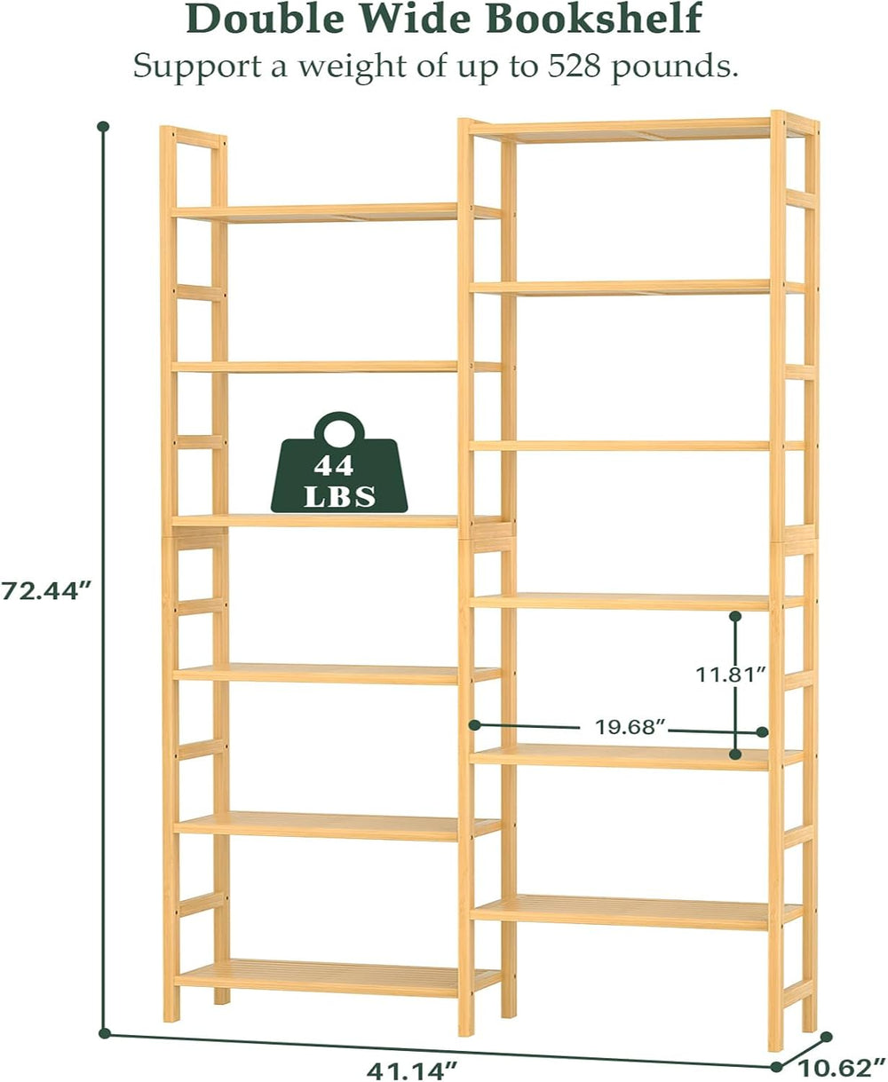Homykic 72.5” Tall Bamboo Bookshelf, 6-Tier Double Wide Open Bookcase