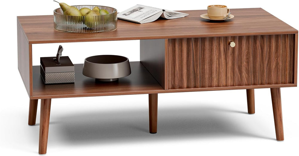 LCRBOL Coffee Table with Fluted Drawer, Mid-Century, Walnut