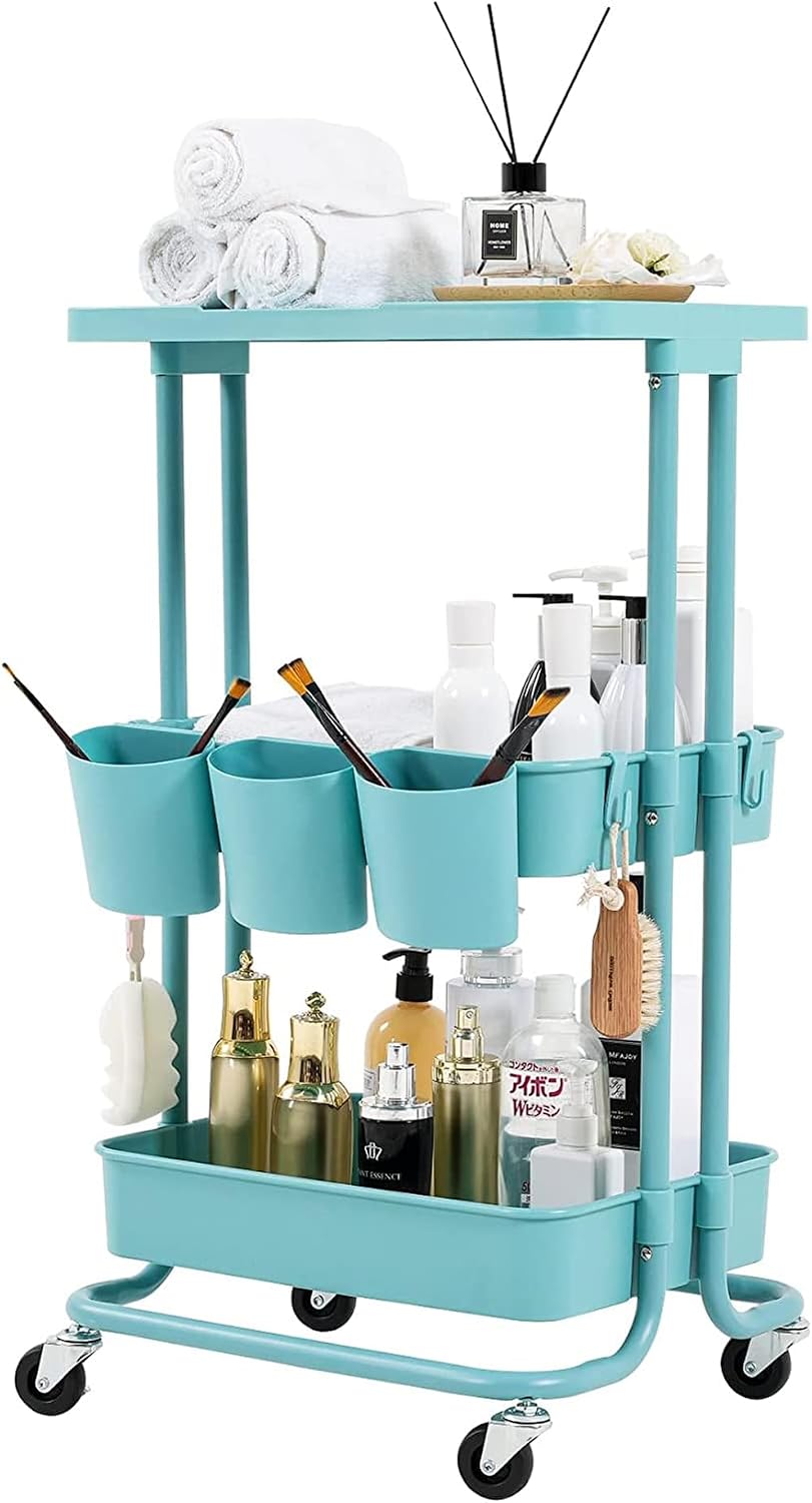 BEEY Metal Storage Baskets with Wheels, Metal Wire Market Basket Storage Organizer Cart Rolling Stackable Storage Bins for Kitchen,Pantry,Bedroom (Blue, 3 Tier-3700)