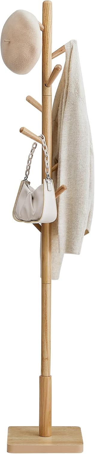 VASAGLE Solid Wood Coat Rack, Free Standing, 8 Hooks, 3 Height Options
