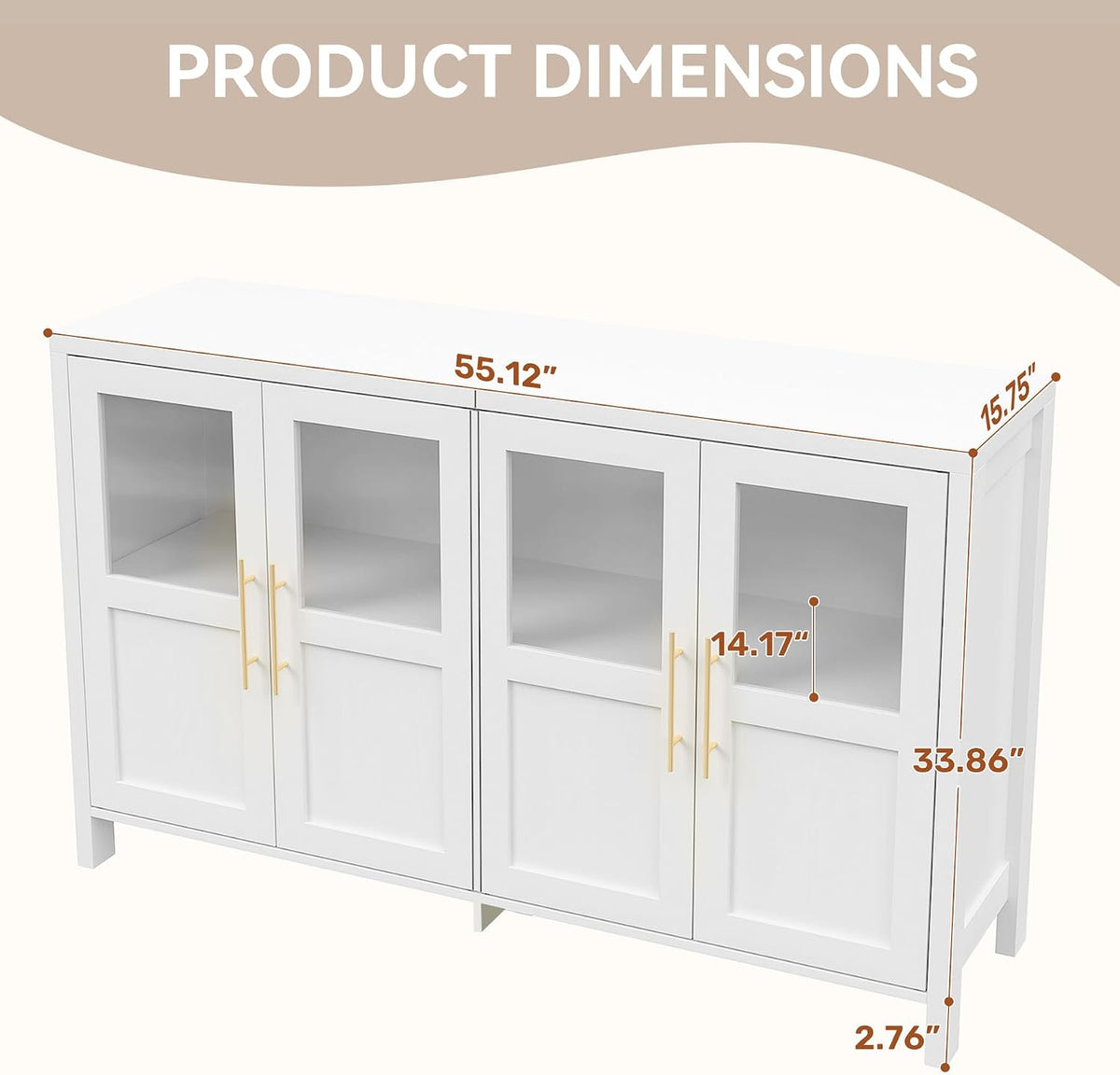 55" Sideboard Cabinet with Glass Doors, Large Buffet Cabinet with Storage and Shelves, Modern Accent Console Table for Dining Room Living Room Entryway (White a)