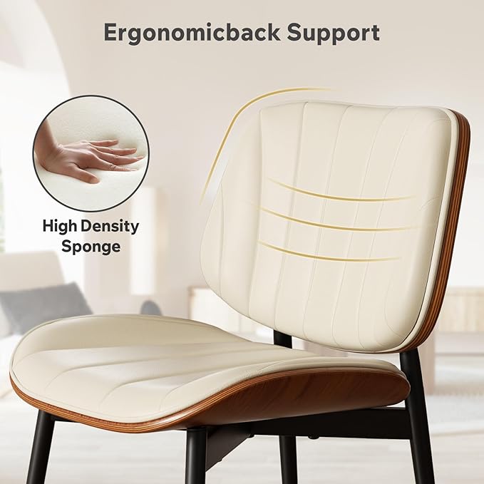 Dining Chair, Mid Century Modern Dining Room Chairs, Upholstered Faux Leather Kitchen Chairs with Walnut Bentwood Back and Metal Legs for Kitchen Dining Room Living Room, Beige