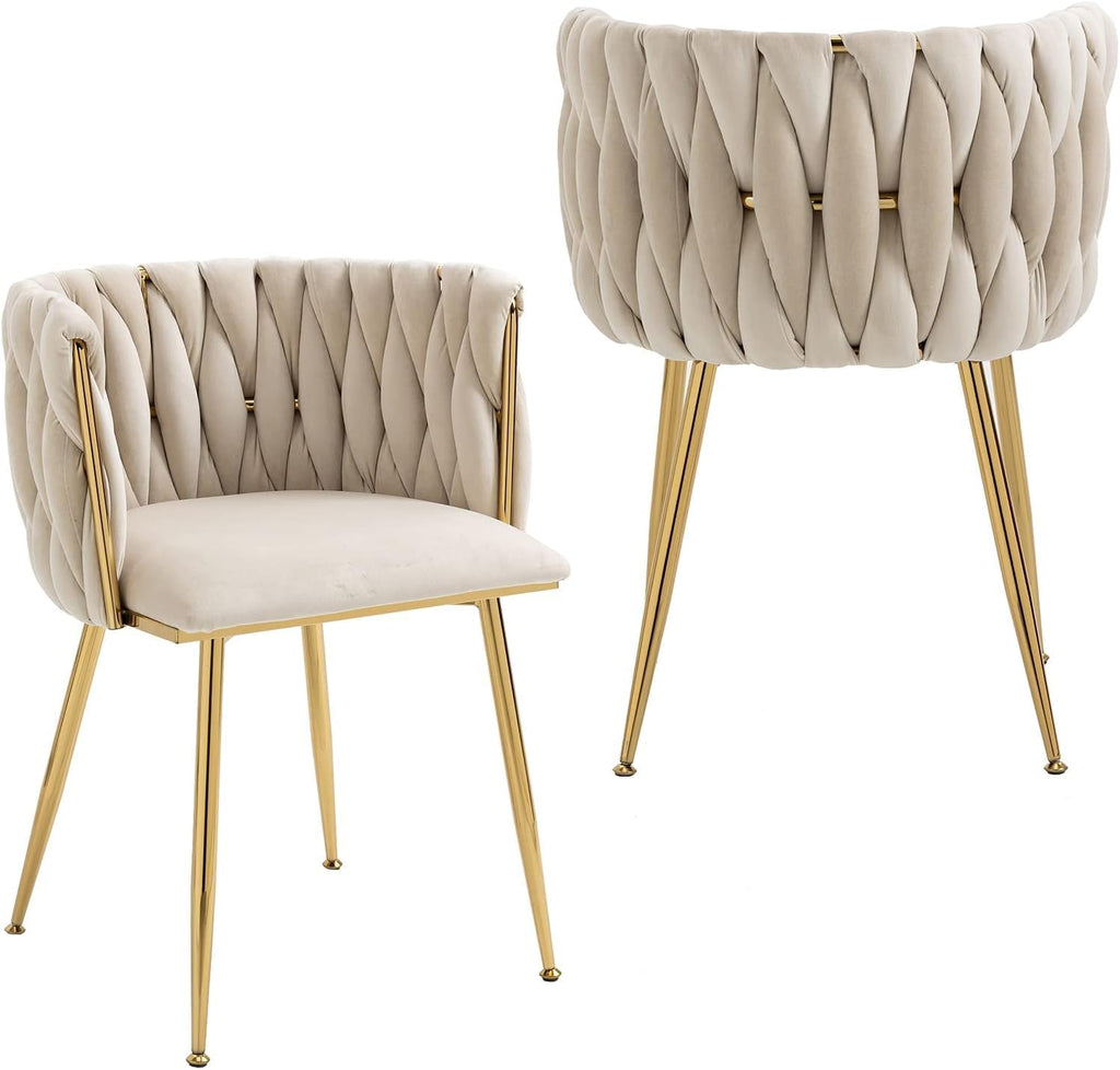 NIOIIKIT Modern Velvet Dining Chairs Hand Weaving Accent Chairs Living Room Chairs Upholstered Side Chair with Golden Metal Legs for Dining Room Kitchen Vanity Living Room (Ivory) (Set of 2)